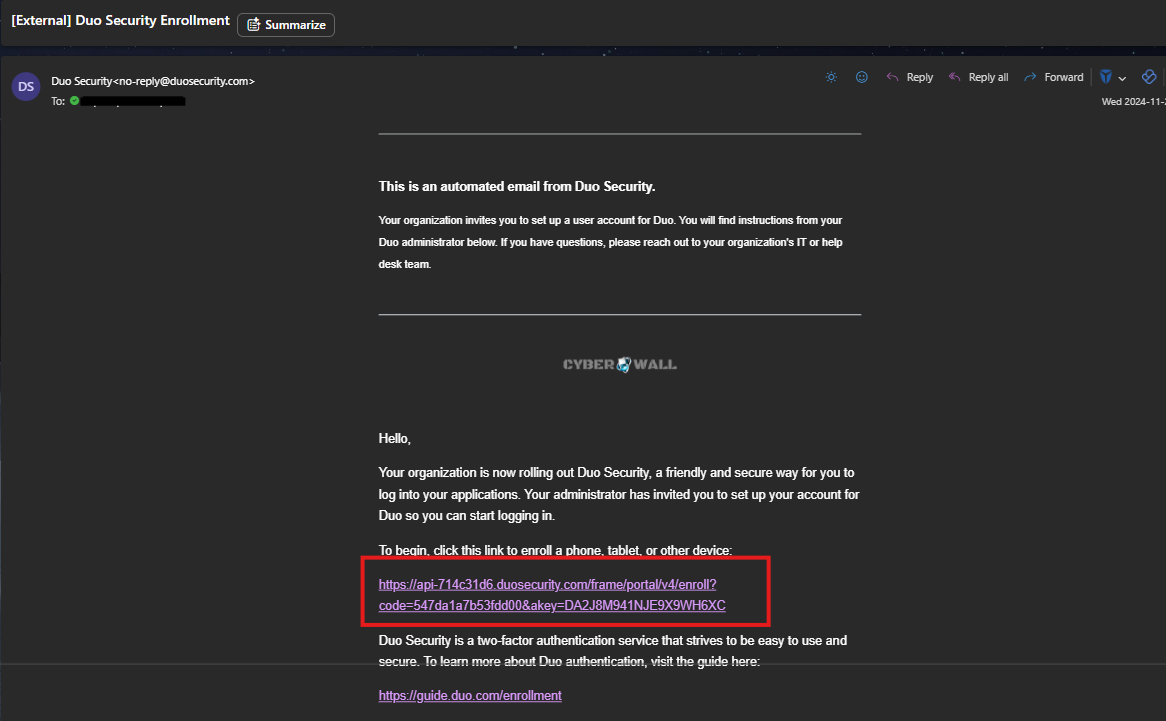 The Duo Security enrollment email, with the enrollment link highlighted
