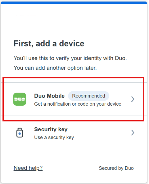 The add-a-device screen with Duo Mobile selected