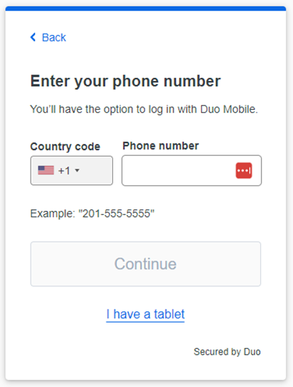 The phone number entry field on the Duo enrollment page