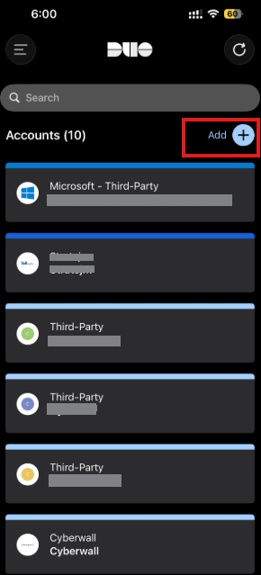 The Duo Mobile home screen with the Add button