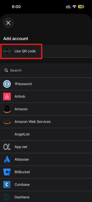 The Add account list with Use QR code highlighted
