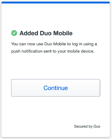 Confirmation that Duo Mobile was added, with the Continue button